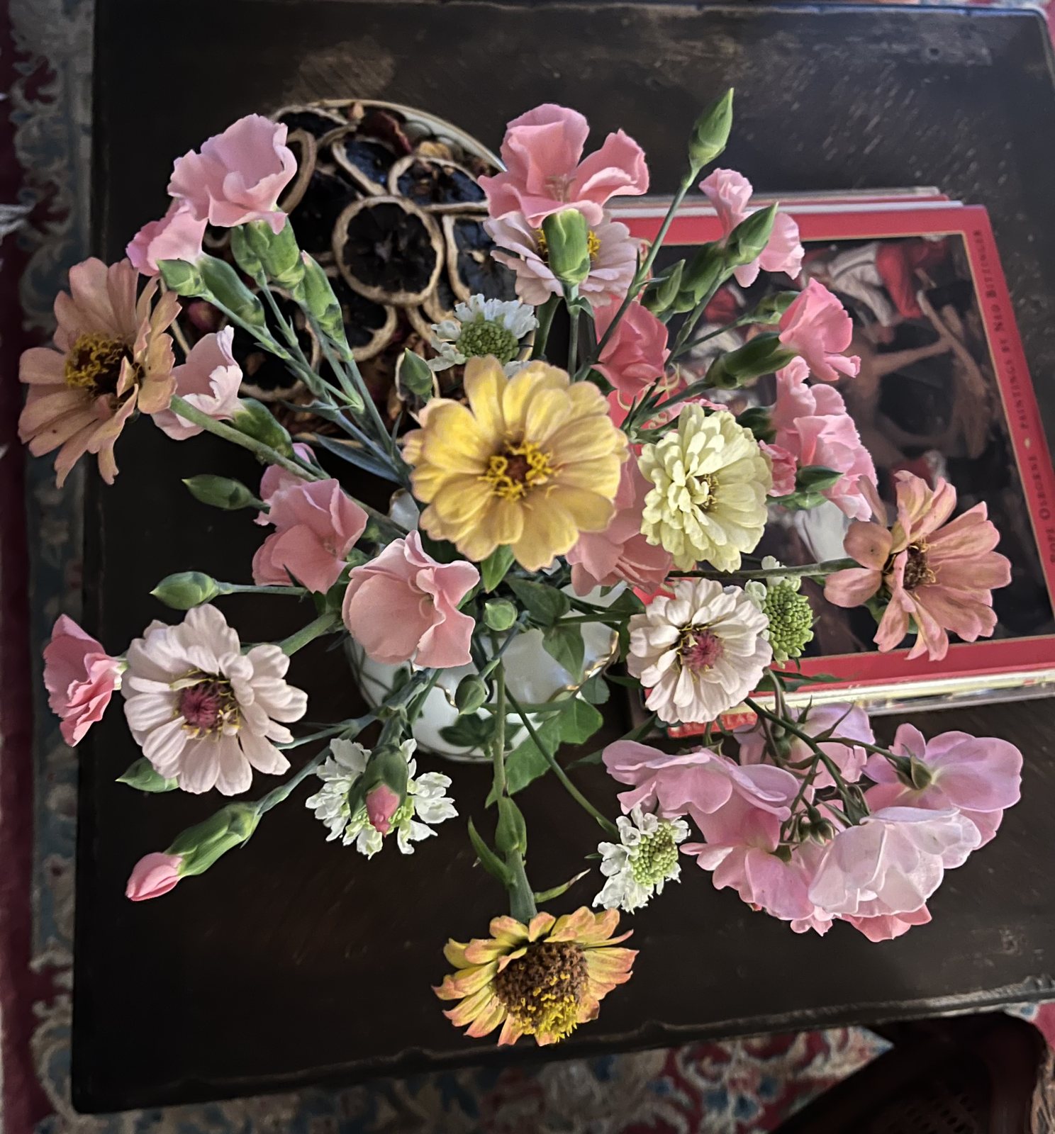 Zinnias and carnations from above