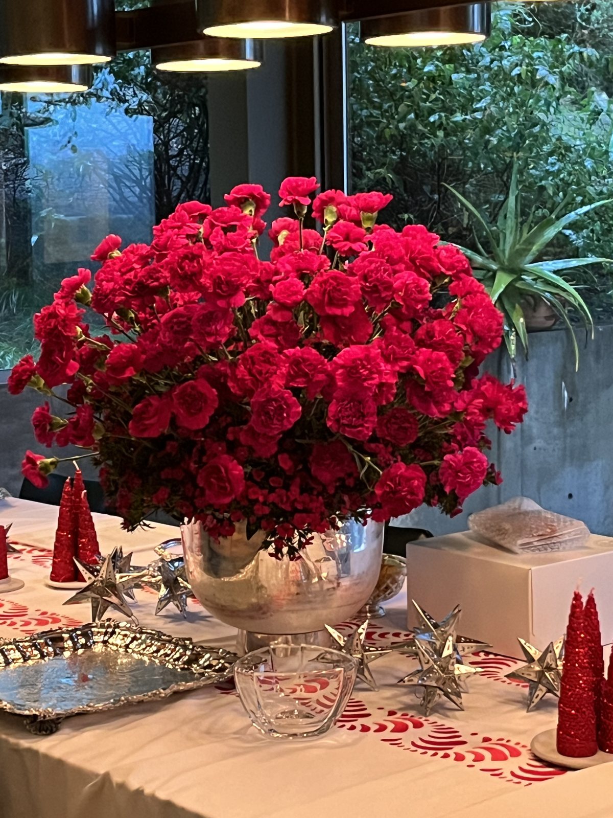 Crimson carnations in a silver bowl for the holidays